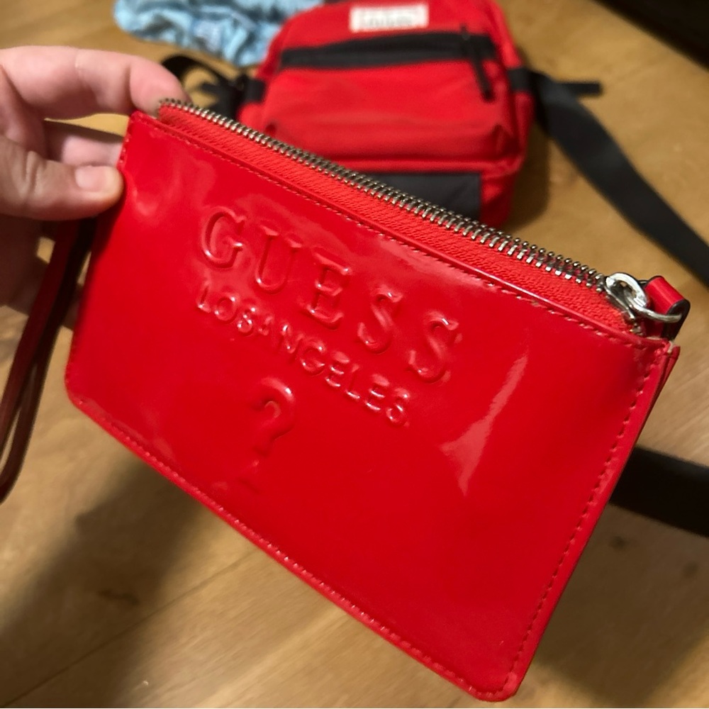 women's guess patent leather wallet red medium w zipper. wristlet luxury clutch